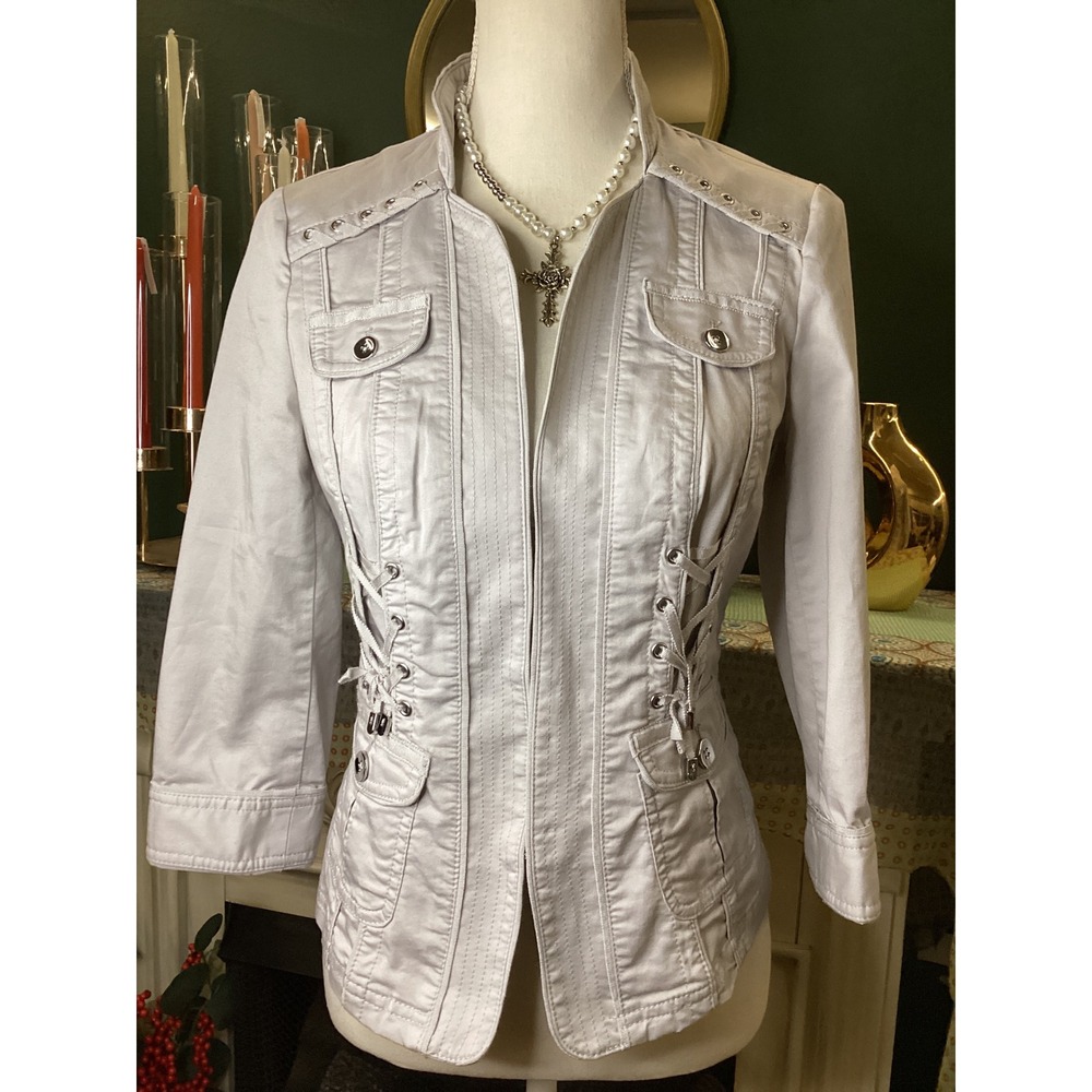 White House Black Market Grey Corset Lace Up Utility‎ Jacket Blazer Size 4